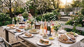 Mesa de madera servida con sándwiches, ensaladas, tartas, pan, aceitunas, botellas de vino y floreros, rodeada de vegetación.