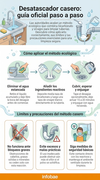 Infografía detallada sobre cómo usar un desatascador casero con bicarbonato y vinagre, mostrando pasos, límites y medidas de seguridad.