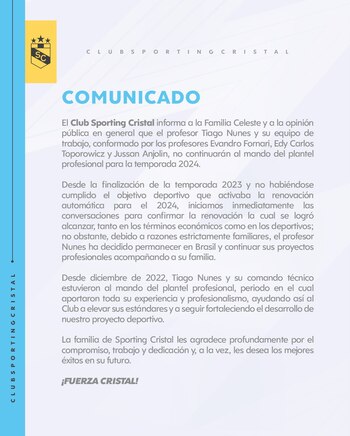 Comunicado de Sporting Cristal.