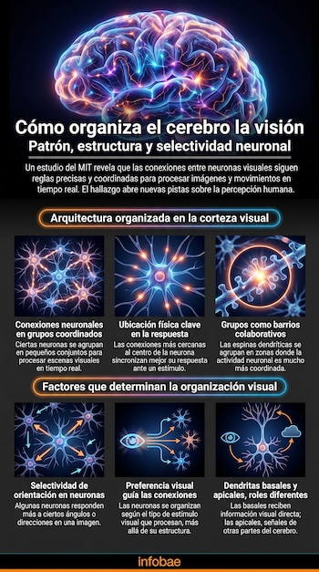 Infografía científica que muestra un cerebro brillante y esquemas de neuronas con sus conexiones, explicando la organización de la visión cerebral.