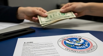 Primer plano de un escritorio en una oficina de inmigración con el formulario I-246 y el logo del DHS. Dos manos intercambian billetes de dólar en el fondo.