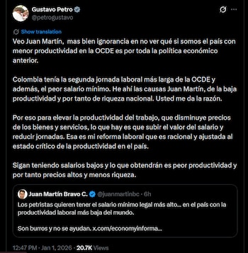 Petro relacionó los bajos niveles de productividad laboral del país con políticas económicas anteriores, jornadas laborales extensas y salarios mínimos reducidos - crédito @petrogustavo/X