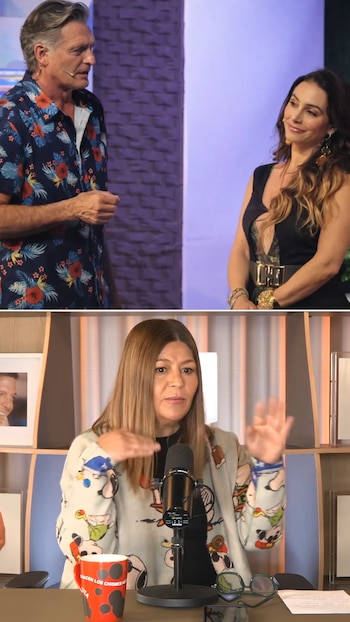 Montaje de dos imágenes: arriba, Juan Soler y Claudia Lizaldi conversando; abajo, Martha Figueroa en un estudio de radio, hablando por micrófono y gesticulando