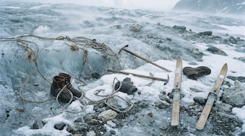 Glaciar con hielo y nieve, rocas, cuerdas de alpinismo, dos pares de botas, dos piolets y un par de esquís de madera.