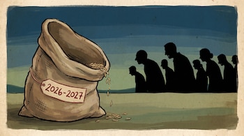 Ilustración de un saco de granos básicos casi vacío con una etiqueta '2026-2027', con pocas semillas cayendo, y siluetas humanas preocupadas al fondo.