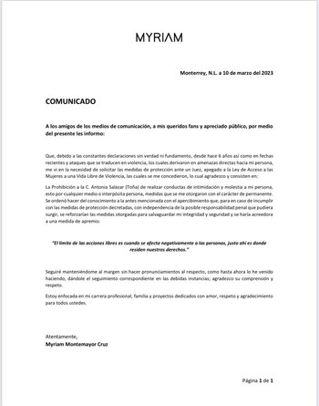 Con este comunicado, Myriam dio