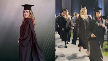 Mariana Vértiz sonríe, luciendo toga y birrete de graduación, con un fondo gris. A la derecha, ella y otros graduados caminan en una ceremonia nocturna