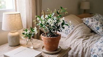 Jazmín estrella en maceta de terracota, florero de vidrio, lámpara encendida y libro sobre una mesa de madera al lado de la cama.
