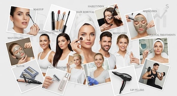 Collage de personas en tratamientos de belleza y cuidado personal: maquillaje, peluquería, depilación, manicura, faciales, botox, rellenos de labios y ejercicio.