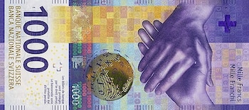 Billete de mil francos suizos con textos Banco Nacional Suizo, dos manos, un elemento esférico, una cruz suiza y patrones de seguridad de varios colores