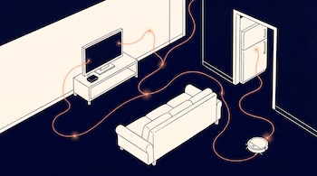 Ilustración de una sala oscura con un televisor, un sofá, una aspiradora robot y un refrigerador conectados por líneas naranjas.