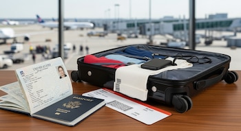 Un pasaporte estadounidense abierto, un pasaporte cerrado, una tarjeta de embarque, una maleta de viaje con ropa, un teléfono móvil, gafas, un aeropuerto al fondo.