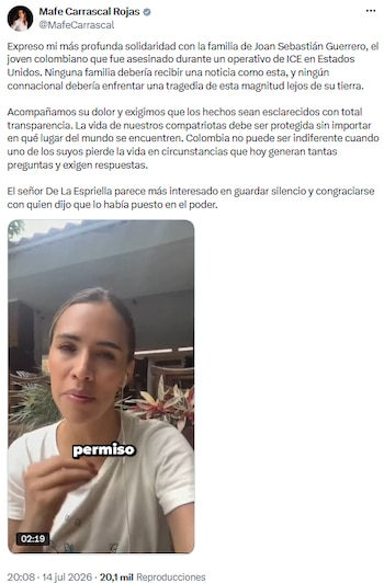 Mafe Carrascal pidió justicia por la muerte de Joan Sebastián Guerrero en operativo de ICE - crédito @MafeCarrascal/X