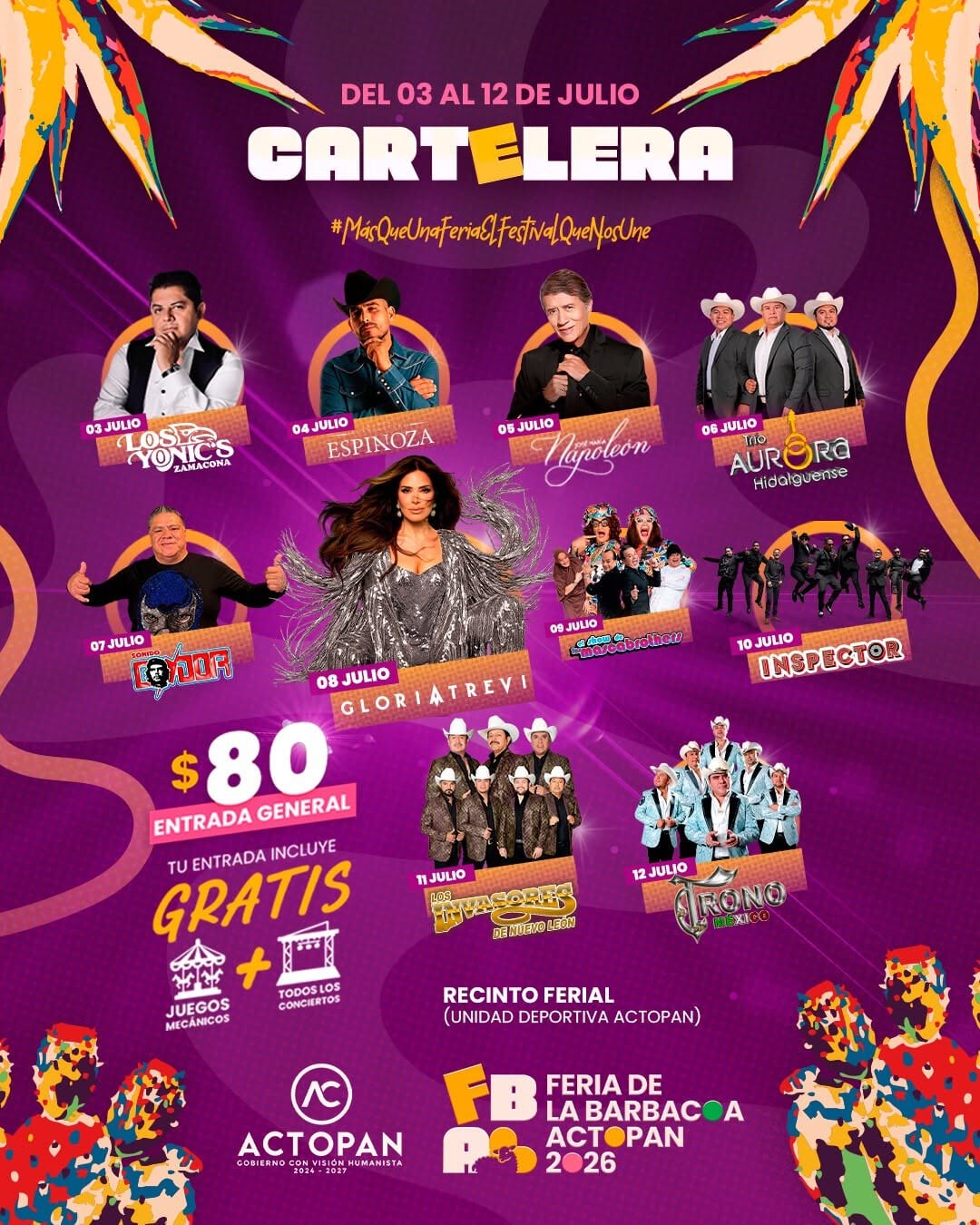 El cartel oficial de la Feria de la Barbacoa Actopan 2026 presenta la programación de artistas y las fechas de los eventos, del 3 al 12 de julio. (Feria de la Barbacoa Actopan/ Redes Sociales)