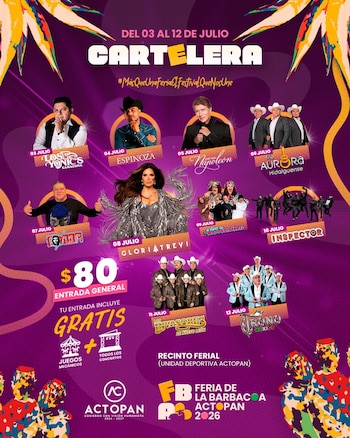 Cartel oficial de la Feria de la Barbacoa Actopan 2026 en color púrpura con la lista de artistas, fechas de presentaciones, precio de la entrada y recintos