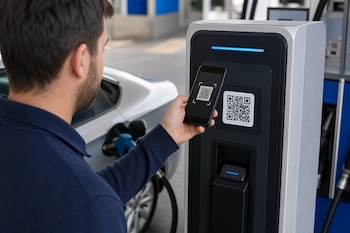 Un hombre sostiene un teléfono celular frente a una terminal con un código QR, junto a un vehículo gris.
