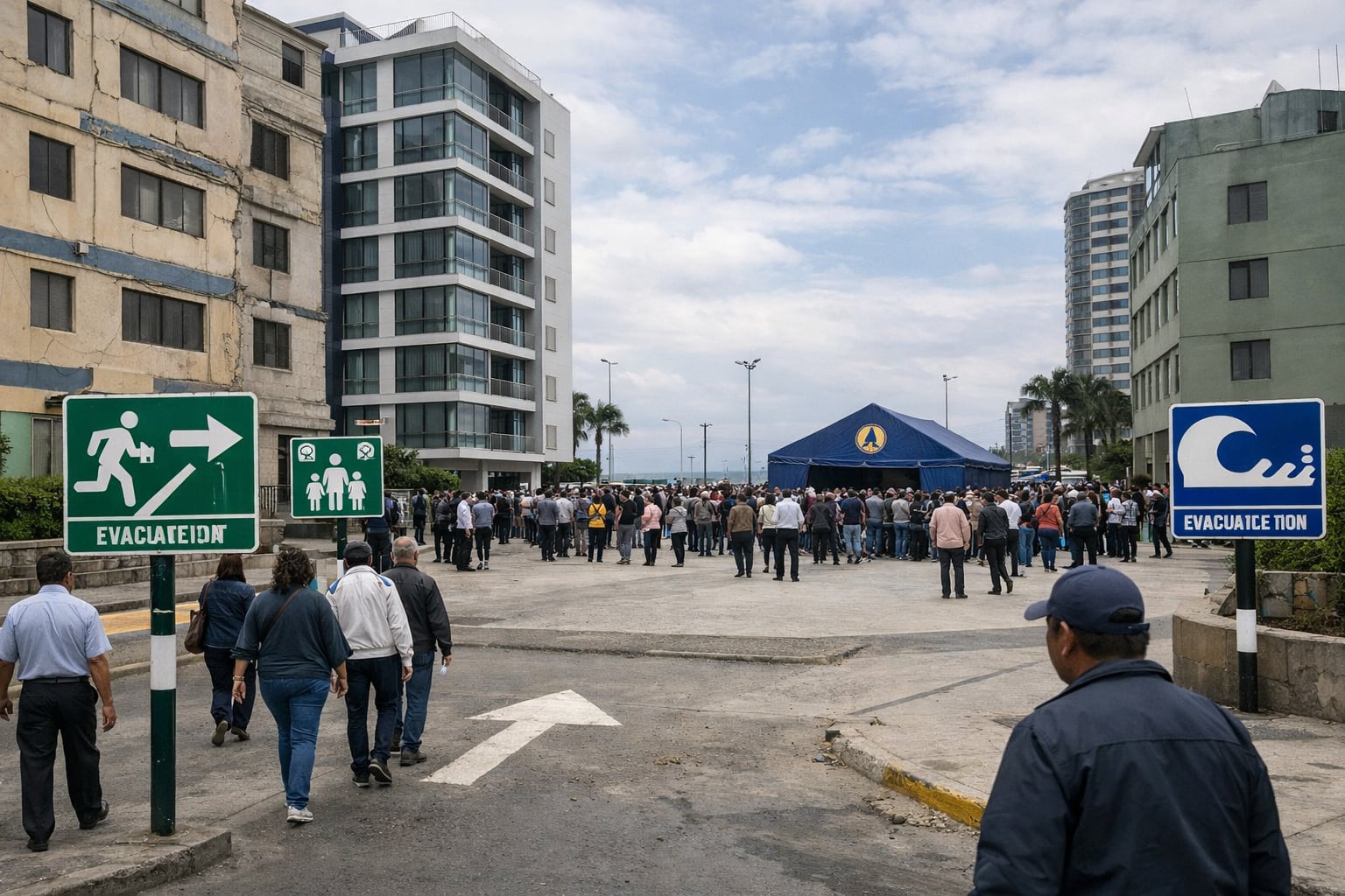 Residentes de una ciudad costera peruana evacuan edificios siguiendo rutas señalizadas de Defensa Civil y se congregan ordenadamente en un punto de encuentro tras un sismo. (Imagen Ilustrativa Infobae)