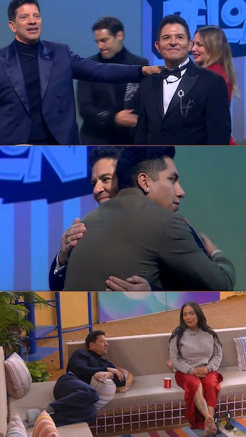 Tres capturas de televisión con Ernesto Laguardia en traje formal, un abrazo entre dos hombres y dos personas conversando en un sillón