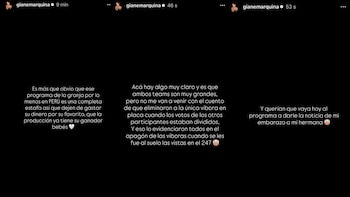Capturas de pantalla de tres historias de Instagram de "gianemarquina". Muestran texto blanco sobre fondo negro denunciando una estafa en un programa de TV