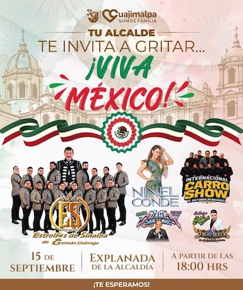 Cartel promocional con el texto Viva México, la fecha del 15 de septiembre e imágenes de los artistas participantes