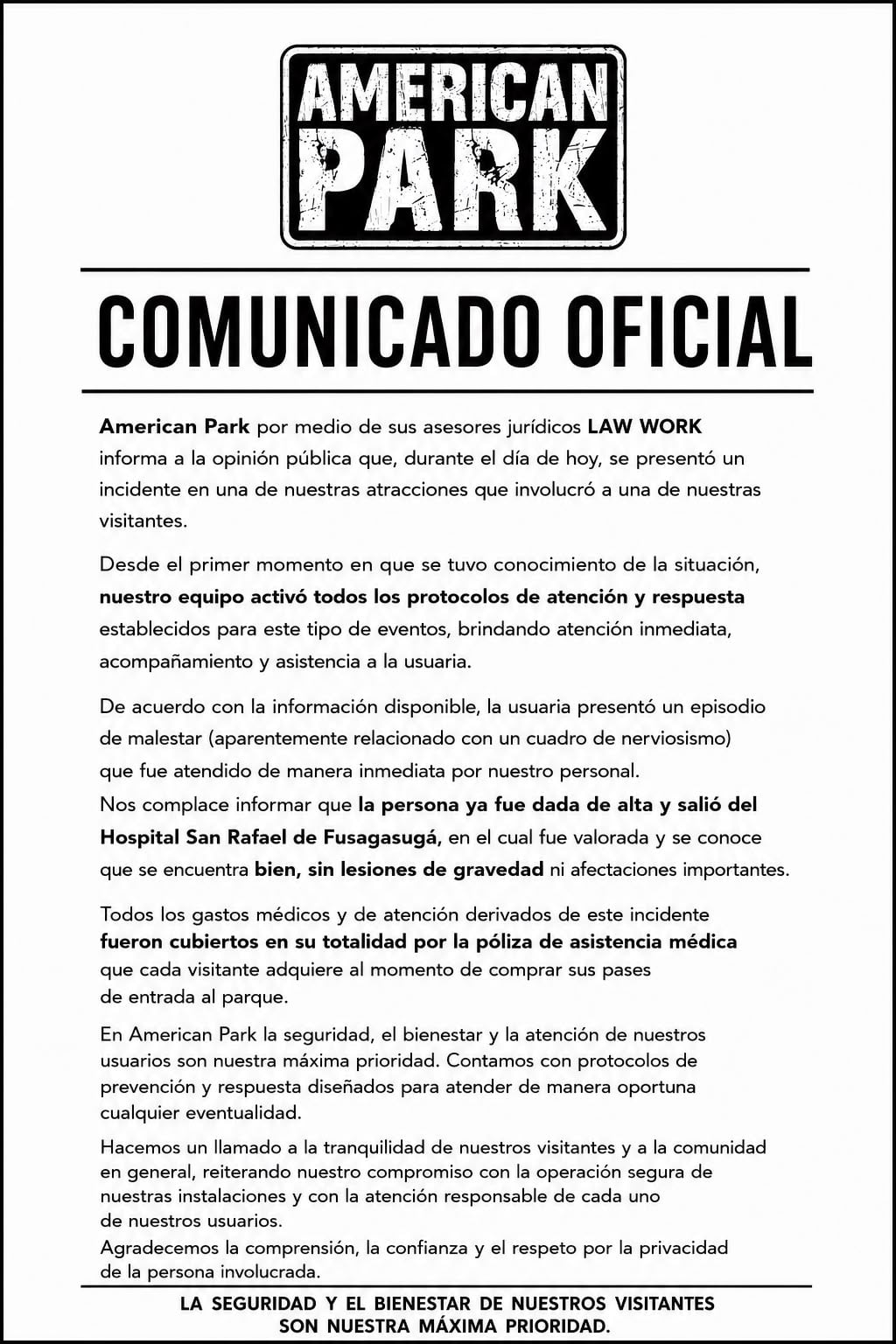 American Park aseguró que activó sus protocolos de atención y la póliza de asistencia médica tras el incidente. - crédito American Park/El Tiempo
