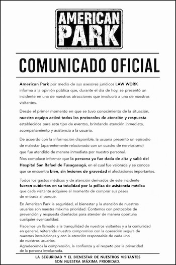 A American Park garantiu que ativou os protocolos de atendimento e a política de assistência médica após o incidente. - crédito American Park/El Tiempo
