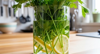 Primer plano de perejil fresco en un jarrón de vidrio con agua y rodajas de limón. Al fondo, se ven utensilios de cocina colgados y un bol.