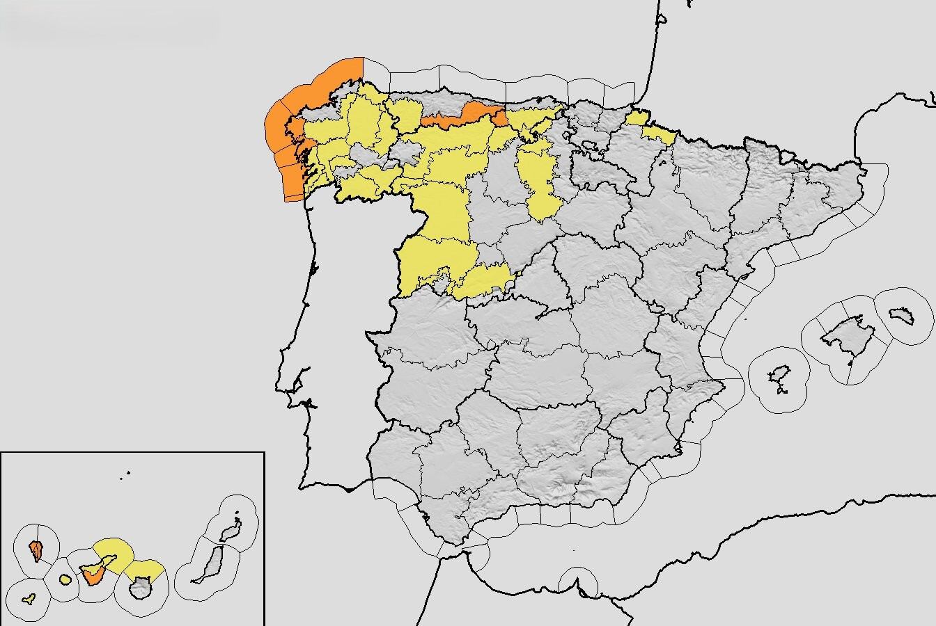 Mapa de alertas meteorológicas para este miércoles, 12 de noviembre de 2025. (Aemet)