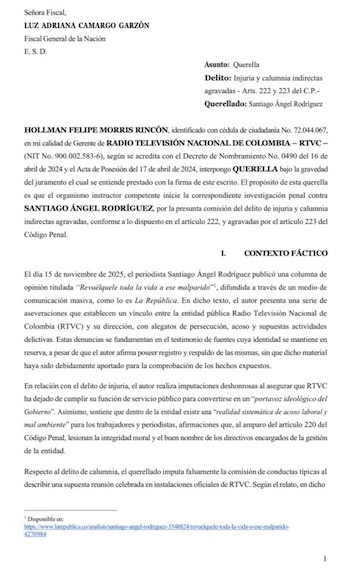 Documento de la querella presentada por Hollman Morris contra el periodista Santiago Ángel Rodríguez ante la Fiscalía General de la Nación por presunta injuria y calumnia indirectas agravadas - crédito Santiago Ángel/X