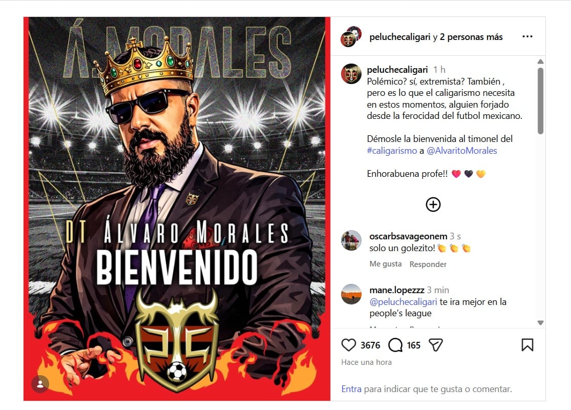 La imagen promociona a Álvaro Morales como el nuevo director técnico del equipo Peluche Caligari, con una ilustración estilizada del periodista deportivo. (IG/ @peluchecaligari )
