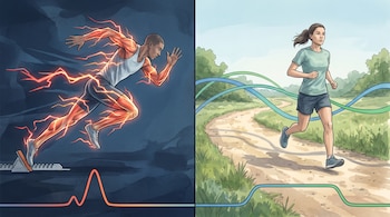 Hombre sprintando con energía roja desde un bloque de salida y un gráfico de pico; mujer corriendo en camino rural con energía azul y verde y un gráfico plano.