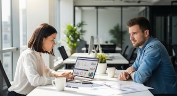 Dos personas sentadas en un escritorio compartido en una oficina luminosa. Una mujer usa una laptop con gráficos, y un hombre la observa. Hay tazas y documentos.