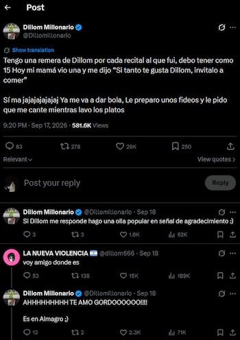 Dillom cumplió la promesa que le hizo a un fan y fue a comer milanesas con puré a su casa