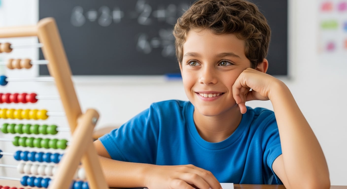 Un niño participa de una sesión de aprendizaje de matemáticas, acompañado de un ábaco y una pizarra con ecuaciones. (Imagen Ilustrativa Infobae)