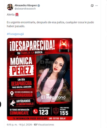 La excongresista Alexandra Vásquez pidió celeridad para dar con el paradero de la ciudadana - crédito @alexandravasoch/X