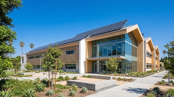 Edificio moderno de tres niveles con amplios ventanales, paneles solares en el techo, detalles de madera, jardines y bancas de concreto.