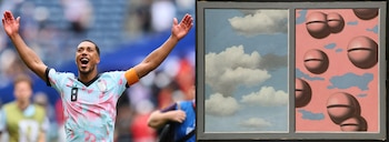 La equipación de Bélgica se inspira en Grelots roses, ciels en lambeaux (Cascabeles rosas, cielos en jirones), expuesta en el Reina Sofía.