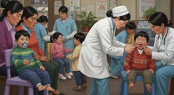 En un centro de salud, personal médico examina a niños peruanos con erupciones cutáneas en manos, pies y boca, algunos sentados con sus madres.