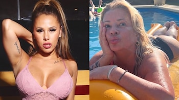 Díptico con Barby Silenzi luciendo una prenda de encaje rosada a la izquierda y Dalila sobre un inflable en una piscina a la derecha.