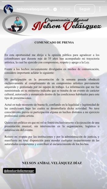 El cantante vallenato afirmó que su participación se limitó a cumplir un compromiso profesional previamente acordado - crédito nelsonvelasquezoficial / Instagram