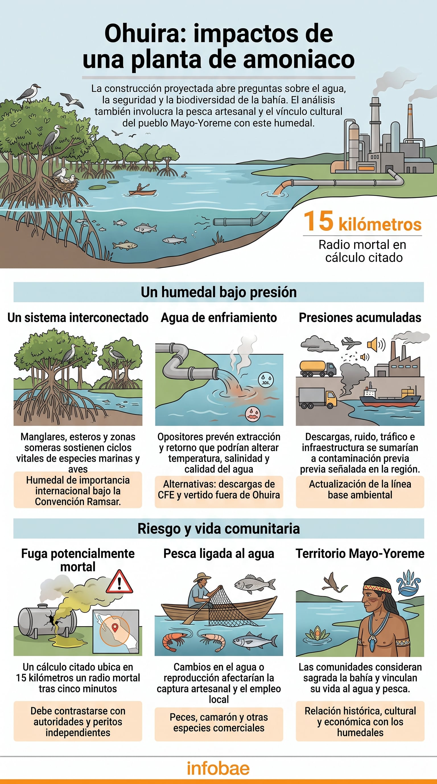 Una infografía de Infobae detalla las consecuencias ambientales, comunitarias y de seguridad proyectadas por la construcción de una planta de amoniaco en la bahía de Ohuira. (Imagen Ilustrativa Infobae)
