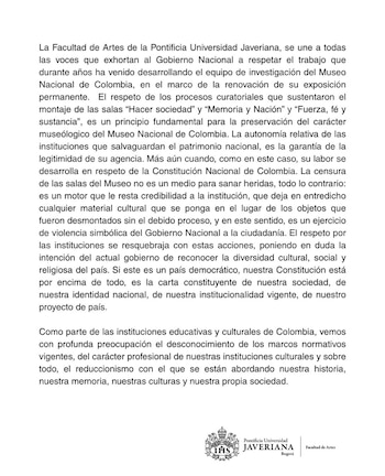 La Facultad de Artes de la Pontificia Universidad Javeriana pidió respetar la investigación académica que sustentó las exposiciones retiradas del Museo Nacional - crédito Facultad de Artes/Facebook