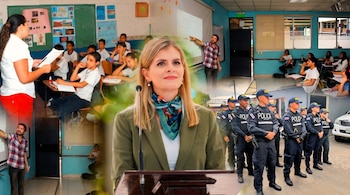 La presidenta Laura Fernández habla desde un podio, con un fondo en collage que muestra a docentes enseñando a estudiantes y a un grupo de oficiales de policía.