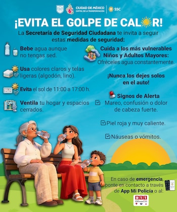 Folleto con personajes animados: abuela, mujer y niño bebiendo agua en un banco. Proporciona consejos para prevenir el golpe de calor. Incluye logotipos de CDMX y SSC