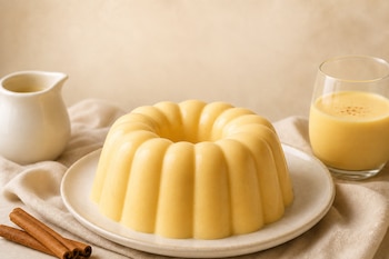 Gelatina amarilla en forma de rosca sobre un plato blanco, junto a un vaso con bebida cremosa, una jarra pequeña y tres ramas de canela.