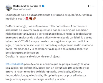 Las denuncias por irregularidades en clínicas estéticas aumentan tras el caso de Yulixa Toloza - crédito Carlos Andrés Barajas / X