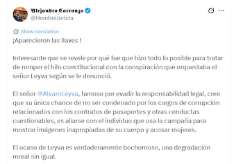Carranza aseguró que Álvaro Leyva estaría buscando evitar una condena por el caso de los pasaportes mediante alianzas políticas - crédito @HombreJurista/X
