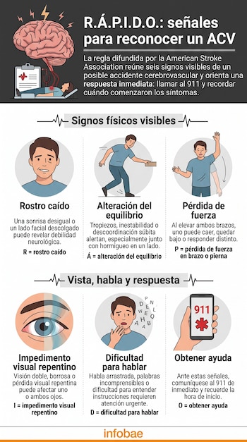 Infografía con ilustraciones sobre síntomas de accidente cerebrovascular y la regla R.Á.P.I.D.O., con la marca Infobae en la parte inferior.