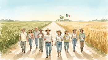 Ilustración acuarela de ocho productores rurales sonrientes en un camino, algunos con documentos de 'Finiquito' y 'Nuevo Crédito', con campos dorados y edificio de la FND con bandera mexicana al fondo.