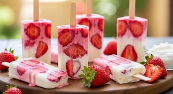 Varias paletas de fresa y crema con trozos de fruta visibles sobre una tabla de madera, rodeadas de fresas frescas y un tazón de crema batida.